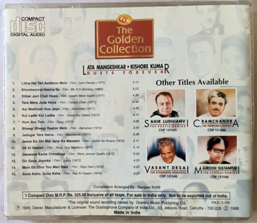 The Golden Collection Lata Mangeshkar Kishore Kumar Duets Forever Hindi Film Songs Audio CD