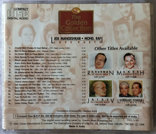 The Golden Collection Lata Mangeshkar Mohd Rafi Love Duets from Film Hindi Film Songs Audio CD