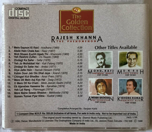 The Golden Collection Rajesh Khanna The Phenomenon Hindi Film Songs Audio CD