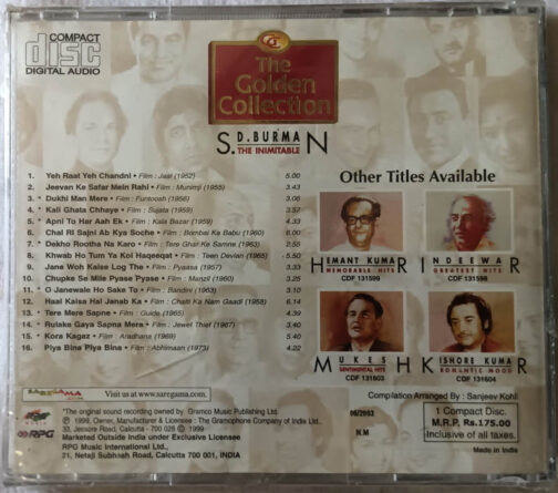 The Golden Collection S.D.Burman The Inimitable Hindi Film Songs Audio CD