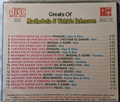 Greats of Madhubala & Wahida Rehmaan Audio cd