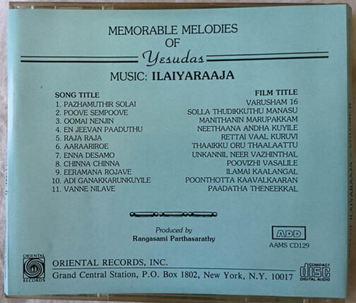 Memorable Melodies of Yesudas Tamil Audio CD by Ilayaraaja Made In USA