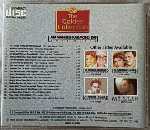 The Golden Collection Lata Mangeshkar & Mohd. Rafi Love Duets Hindi Audio CD