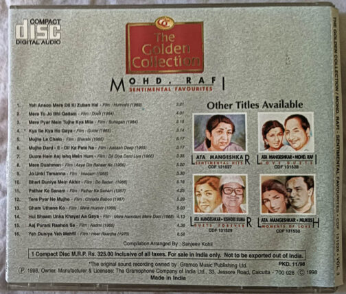 The Golden Collection Mohd Rafi Sentimental Favourites Audio cd