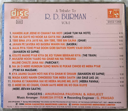 A Tribute R. D. Burman Volume-2 Hindi Audio CD By Anuradha Paudwal-Abhijeet