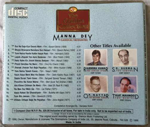 The Golden Collectio Manna dey Classical Favourites Hindi Audio Cd