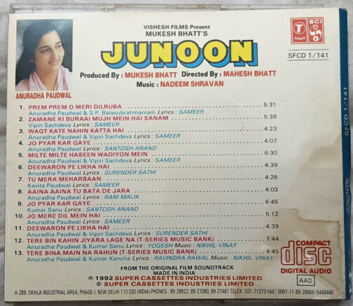 Junoon Hindi Audio cd By Nadeem Shravan