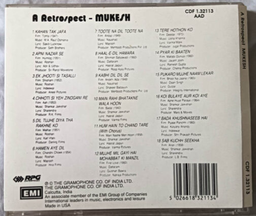 A Retrospect Mukesh Hindi Audio cd