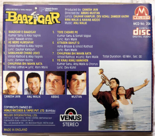 Baazigar Hindi Audio Cassette By Anu Malik