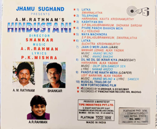 Hindustani Hindi Film Audio cd By A.R.Rahman