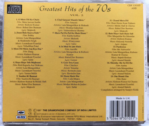 Greatest Hits of the 70s Hindi Audio cd