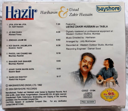 Hazir Ghazals Hariharan Ustad Zakir Hussain Hindi Audio cd