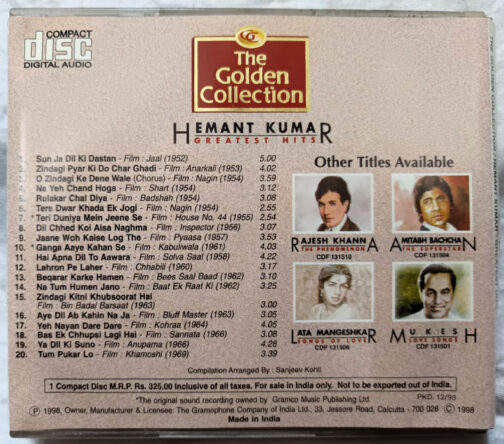 The Golden Collection Hemant Kumar Greatest Hits Hindi Film Songs Audio CD