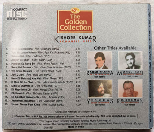 The Golden Collection Kishore Kumar Romantic Hits Hindi Film Songs Audio CD