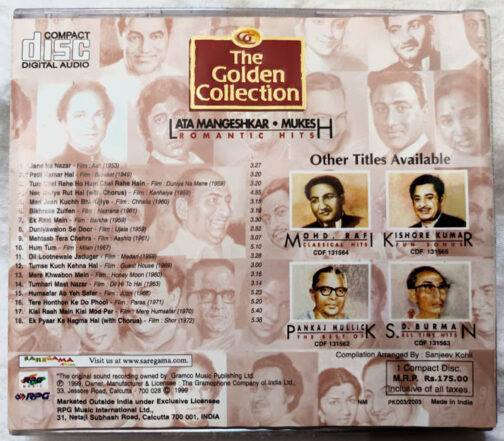 The Golden Collection Lata Mangeshkar Mukesh Romantic Hits Hindi Film Songs Audio CD