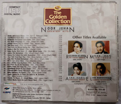 The Golden Collection Noor Jehan Greatest Hits Hindi Film Songs Audio CD