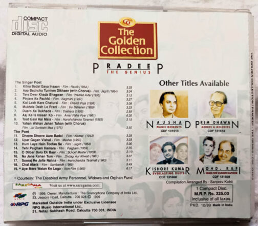 The Golden Collection Pradeep The Genius Hindi Film Songs Audio CD