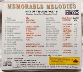 Memorable Melodies Hits of Yesudas Vol-II Malayalam Film Songs Audio cd