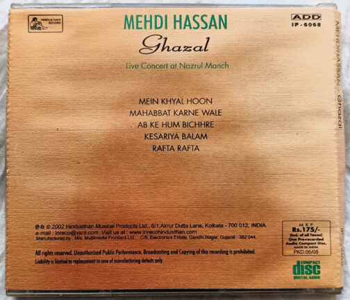 Mehdi Hassan Ghazal Vocal Live Concert at Nazrul Manch Audio cd