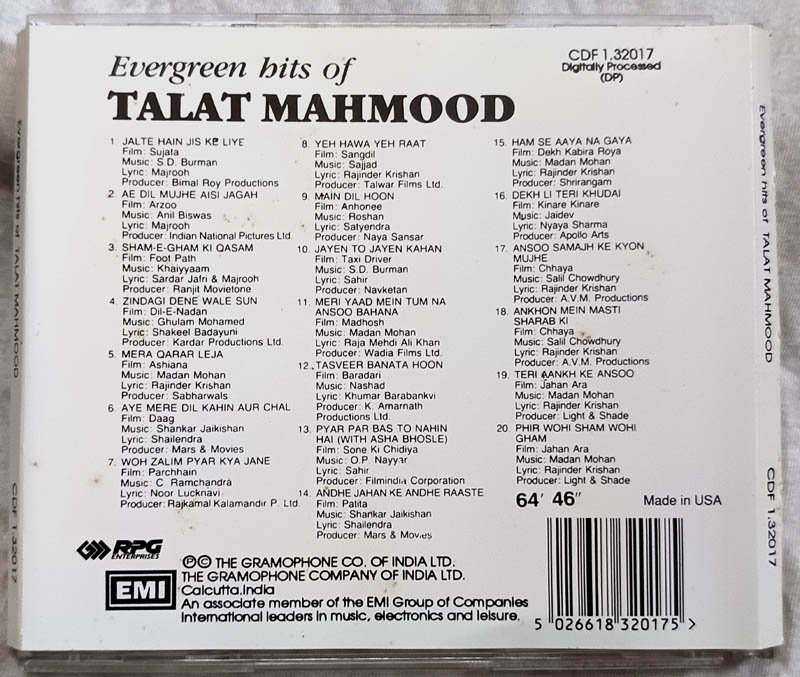 Evergreen Hits of Talat Mahmood Hindi Audio Cd