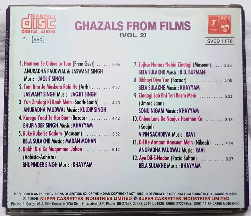 Ghazals From Films Vol.2 Hindi Audio Cd