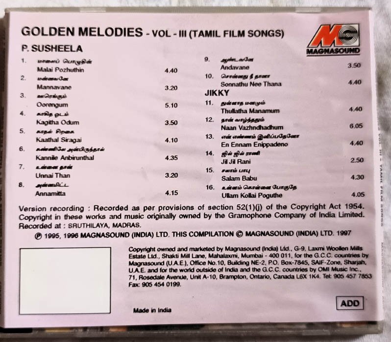Golden Melodies Vol.III Tamil Film Songs Audio Cd By Susheela .