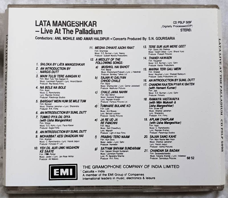 Lata Mangeshkar Live At The Palladium Hindi Audio Cd