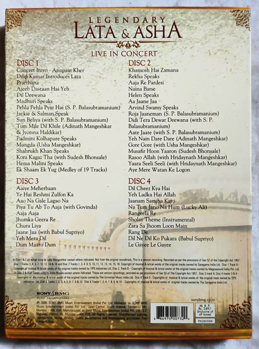 Legendary Lata and Asha Live in Concert 41 Unforgettable Hits 4 Cd Set Hindi Audio Cd.