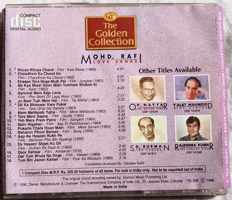 The Golden Collection Mohd. Rafi Love Songs Hindi Audio Cd .