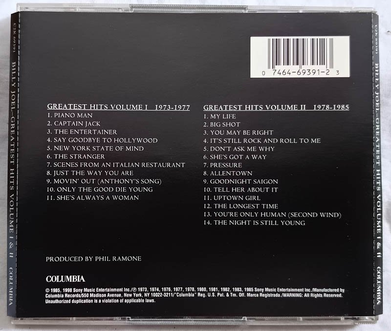 Billy Joel Greatest Hits Volume I and Voume II Audio Cd