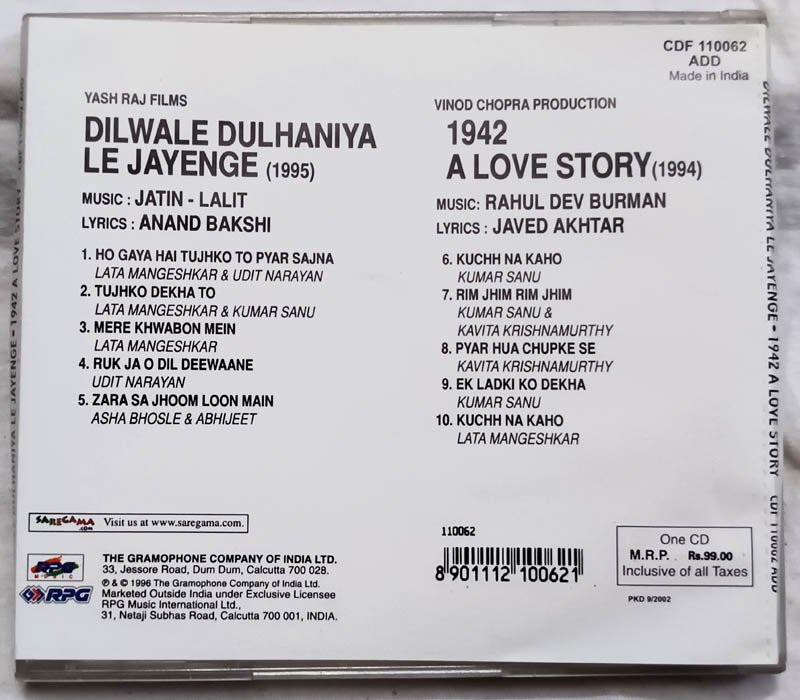 Dilwale Dulhaniya Le Jayenge-1942 A Love Stoy Hindi Audio Cd