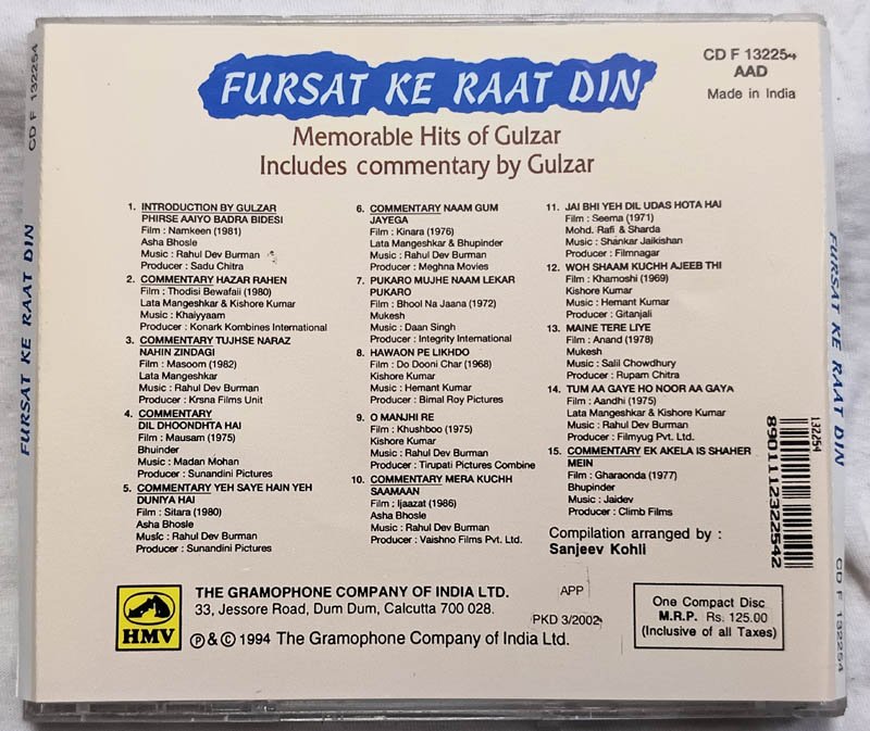 Fursat Ke Raat Din Memorable Hits of Gulzar Hindi Audio Cd