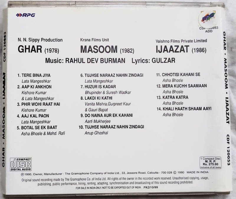 Ghar-Masoom-Ijaazat Hindi Audio Cd By Rahul Dev Burman