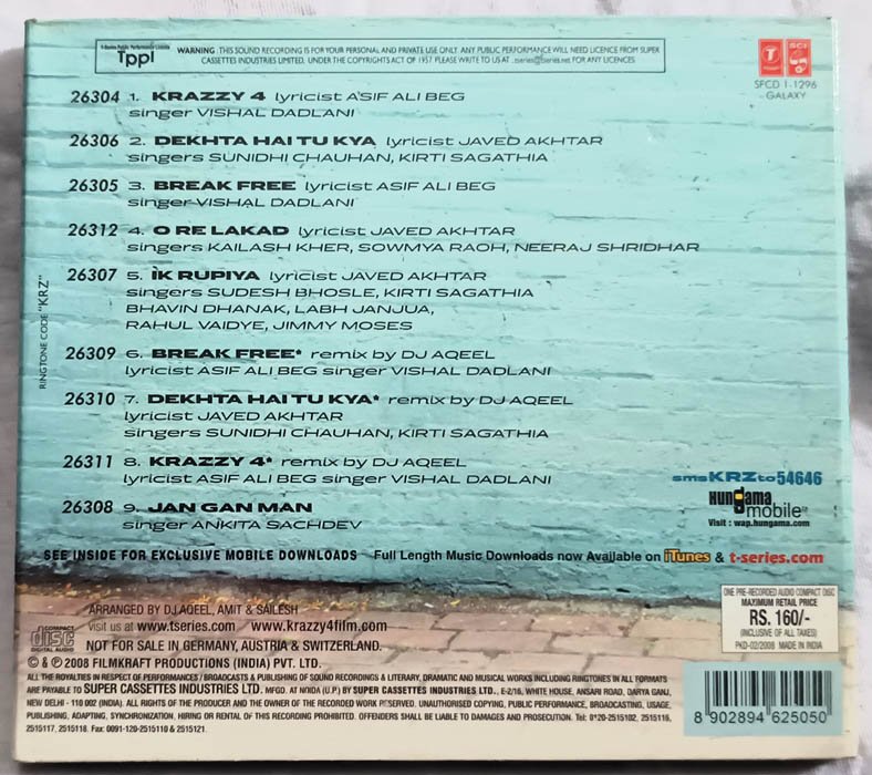 Krazzy 4 Hindi Audio CD By Rajesh Roshan