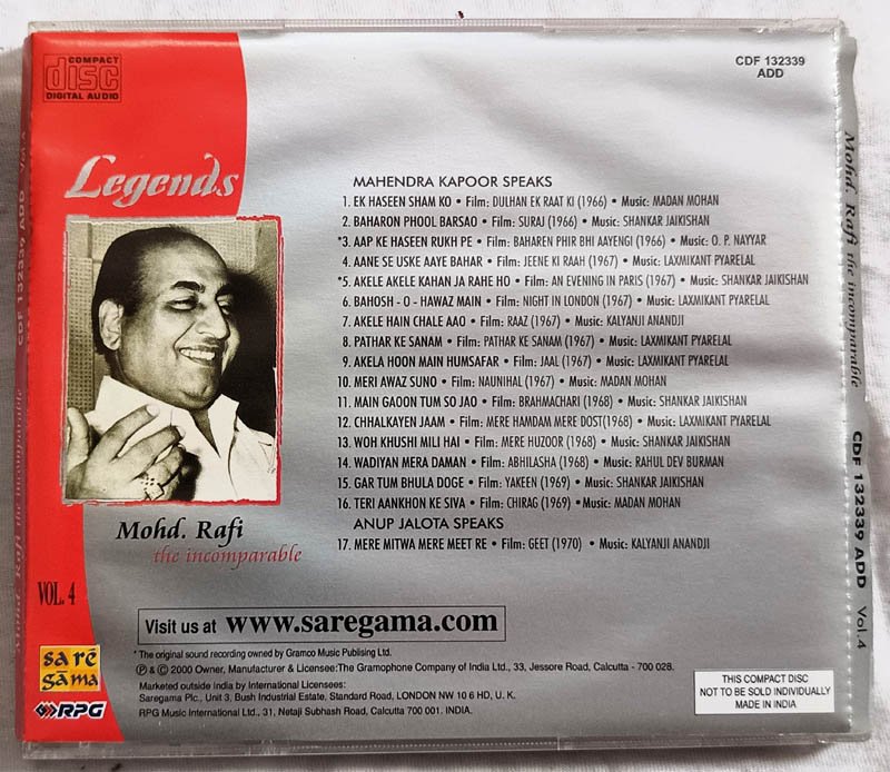 Legends Mohd.Rafi The Incomparable Vol.4 Hindi Audio Cd