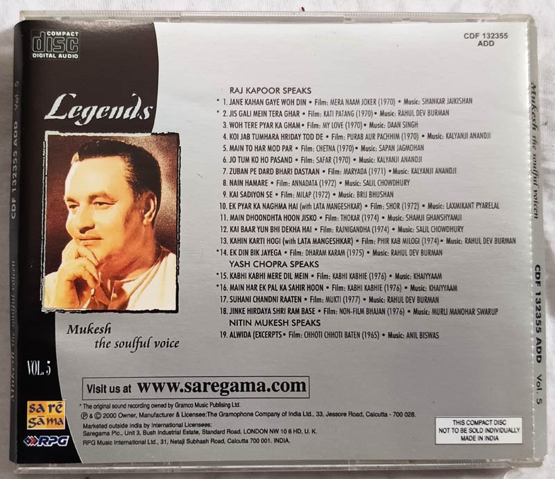 Legends Mukesh The Souful Voice Vol.5 Hindi Audio Cd