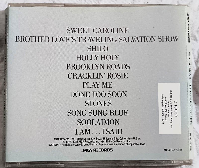 Neil Diamond His 12 Greatest Hits Audio Cd