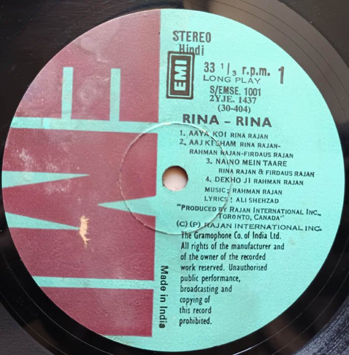 Rina Rina Hindi LP Vinyl Record By Rahman Rajan.