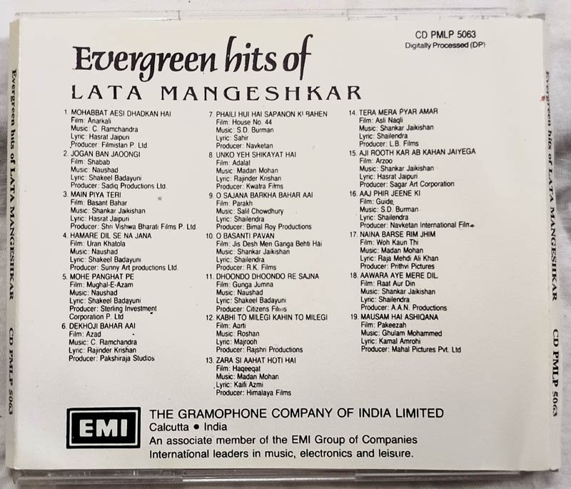 Evergreen Hits of Lata Mangeshkar Hindi Audio Cd