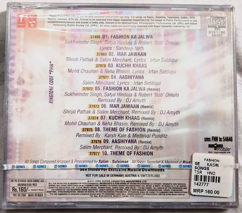 Fashion Hindi Audio cd By Salim Sulaiman