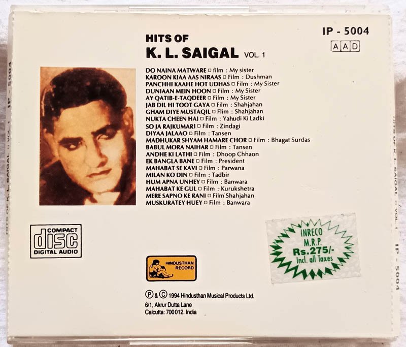 Hits of K L Saigal Hindi Audio cd