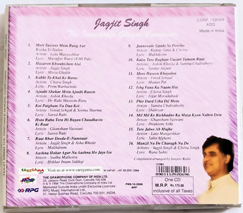 Jagjit Singh The Inimitable Ghazal Composer Hindi Audio cd