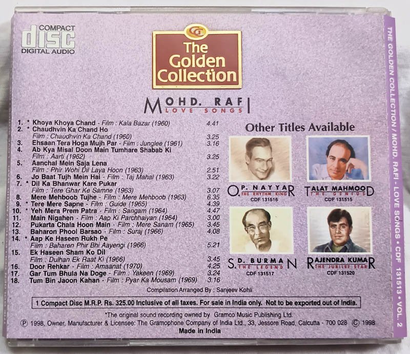 The Golden Collection Mohd Rafi Love Song Audio cd