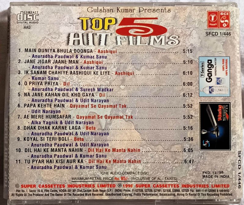 Top 5 Hits Films Hindi Audio cd