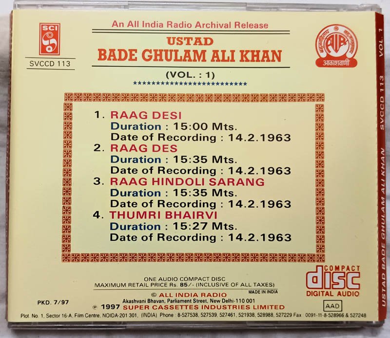 Ustad Bade Ghulam Ali Khan Vol 1 Hindi Audio cd