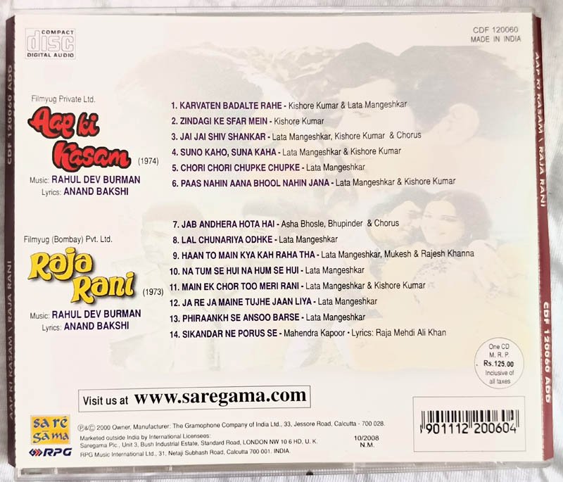 Aap Ki Kasam - Raja Rani Hindi Audio cd By R D Burman