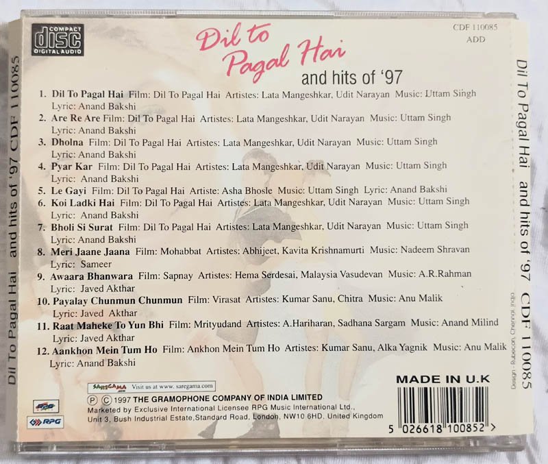 Dil To Pagal Hai and hits of 97 Hindi Audio CD