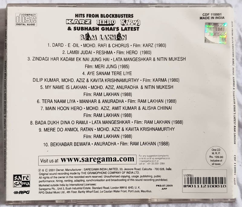 Hits From Bloackbusters Krz hero Karma Hindi Audio CD