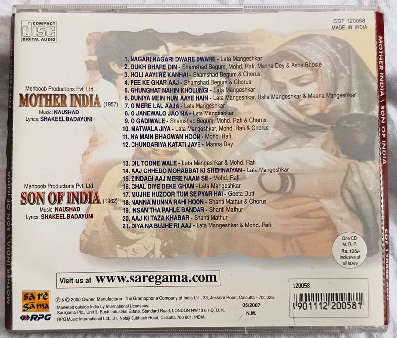 Mother India - Son of India Hindi Audio cd By Naushad