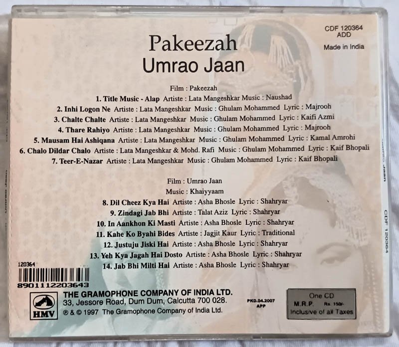 Pakeezah Umrao Jaan Hindi Audio CD